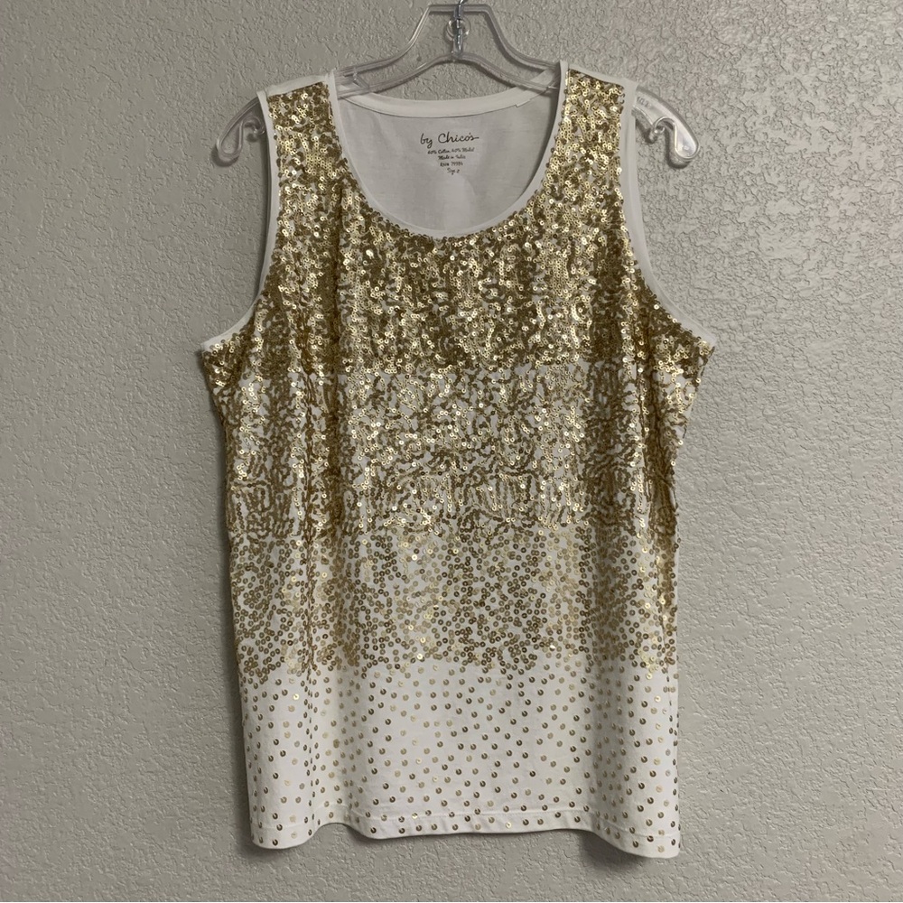 Chicos Tank Top Womens 2/LSequin Ombre Gold White Ivory